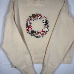 Charming Unique Cream Sweater with Mushroom Embroidery